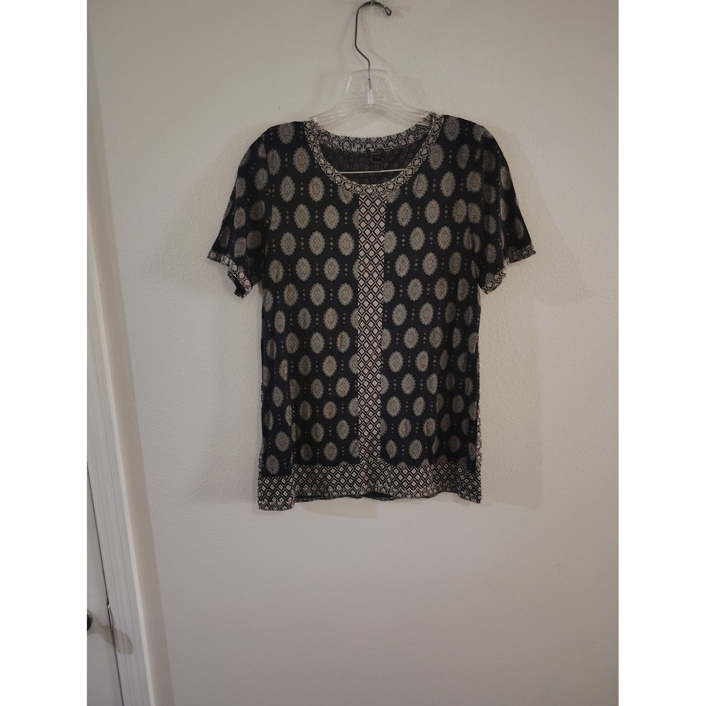 J.Crew Womens Short Sleeve Medallion Geometric Print Blouse Black Cream Small